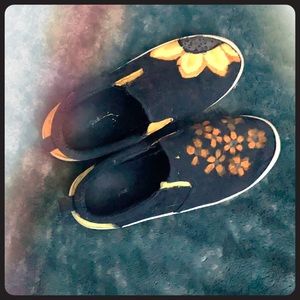 Size 4 handpainted black/sunflower slip ons